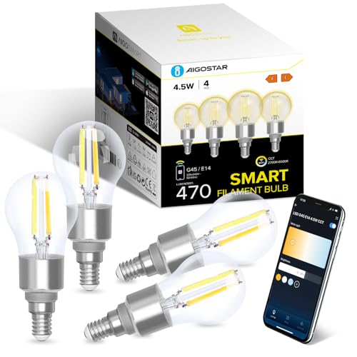 Aigostar Alexa Glühbirne E14, Smart LED Vintage Lampe, Smarte Glühbirne G45 Transparent Globe, 4.5W 470LM, Warmweiß Dimmbar 2700K -6500K, Kompatibel mit Alexa und Google Home, 4 Stücke Aigostar Alexa Glühbirne E14, Smart LED Vintage Lampe, Smarte Glühbirne G45 Transparent Globe, 4.5W 470LM, Warmweiß Dimmbar 2700K -6500K, Kompatibel mit Alexa und Google Home, 4 Stücke von Aigostar