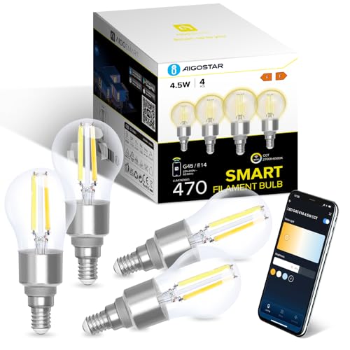 Aigostar Alexa Glühbirne E14, Smart LED Vintage Lampe, Smarte Glühbirne G45 Transparent Globe, 4.5W 470LM, Warmweiß Dimmbar 2700K -6500K, Kompatibel mit Alexa und Google Home, 4 Stücke. von Aigostar