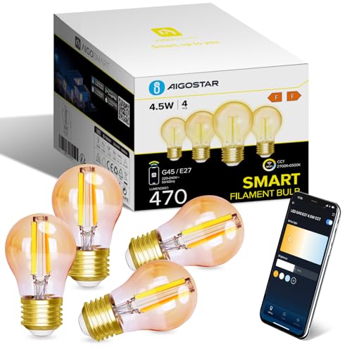 Aigostar Alexa Glühbirne E27, Smart LED Vintage Lampe, Smarte Glühbirne G45 Bernstein Globe, 4.5W 470LM, Warmweiß Dimmbar 2700K -6500K, Kompatibel mit Alexa und Google Home, 4 Stücke. von Aigostar