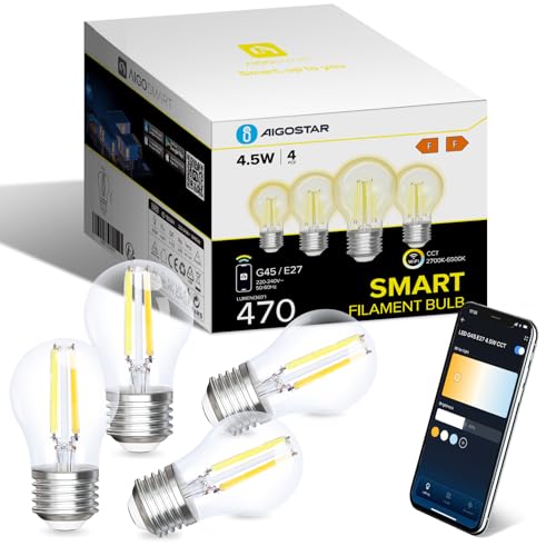 Aigostar Alexa Glühbirne E27, Smart LED Vintage Lampe, Smarte Glühbirne G45 Transparent Globe, 4.5W 470LM, Warmweiß Dimmbar 2700K -6500K, Kompatibel mit Alexa und Google Home, 4 Stücke. von Aigostar