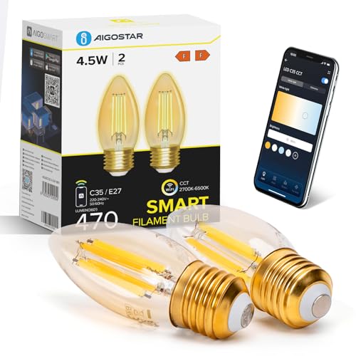 Aigostar Alexa Glühbirne E27 Edison Glühbirne 4.5W 470LM Dimmbare Retroglühbirnen C35 Smart Lampe Wlan Dimmbar 2700K-6500K App Steuern Kompatibel mit Alexa und Google Assistant. Bernstein 2 Stück von Aigostar