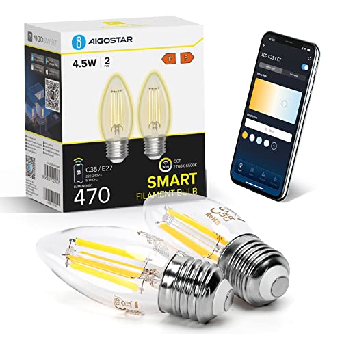 Aigostar Alexa Glühbirne E27 Edison Glühbirne 4.5W 470LM Dimmbare Retroglühbirnen C35 Smart Lampe Wlan Dimmbar 2700K-6500K App Steuern Kompatibel mit Alexa und Google Assistant. Transparent 2 Stück von Aigostar