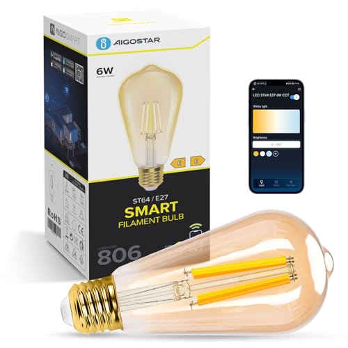 Aigostar Alexa Glühbirne E27 Edison Glühbirne 6W 805LM Dimmbare Retroglühbirnen ST64 Smart Lampe Wlan Dimmbar 2700K-6500K App Steuern Kompatibel mit Alexa und Google Assistant. Gold 1 Stück von Aigostar
