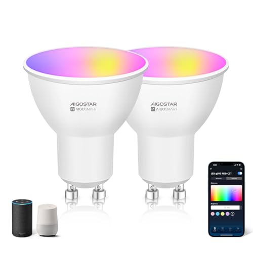 Aigostar Alexa Glühbirne GU10 Smart Lampe 6.5W LM WLAN Lampe LED RGBCCT 2700-6500K Dimmbare, 80 Szenenmodus, App-steuerung, Kompatibel mit Alexa/Google Home, Kein Hub notwendig, 2 Stücke. von Aigostar