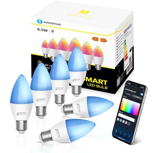 Aigostar Alexa Glühbirne E27 SL2 Smart Lampe 6.5W WLAN Lampe LED RGBCW 2700-6500K Dimmbare, Mit Musik synchronisieren, App Steuern Kompatibel mit Alexa/Google Home, Kein Hub notwendig, 6 Stücke. von Aigostar