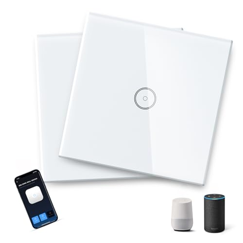 Aigostar Alexa Smart Lichtschalter, 1 Weg Wifi Lichtschalter Kompatibel mit Alexa/Google Home, APP Fernbedienung Intelligenter Schalter mit WLAN Glas Touchscreen, Timing-Funktion, 2 Pack von Aigostar