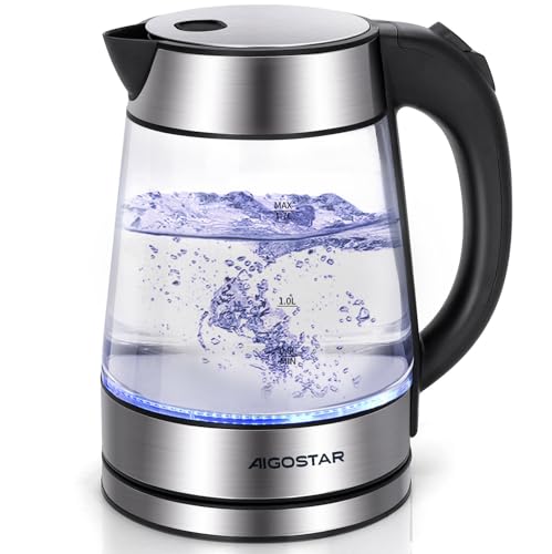 Aigostar Chubby - Edelstahl Glaswasserkocher mit LED Beleuchtung, Glas Wasserkocher Verdicktes Borosilikatglas 1,7 Liter, 2200 Watt, Kalkfilter, Auto-off Trockenlaufschutz, BPA frei, Silber von Aigostar