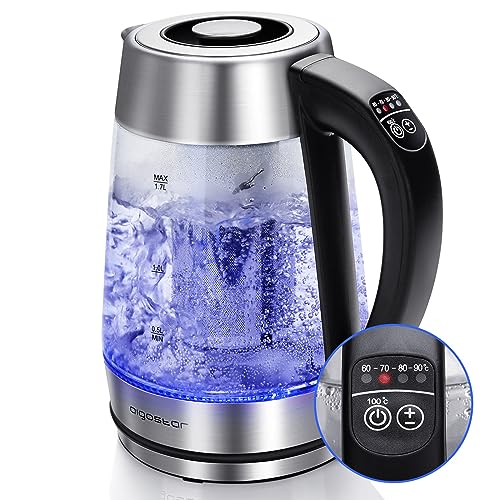 Aigostar Glas Wasserkocher mit Temperatureinstellung 1,7L, 2-in-1 Teekocher mit Edelstahl Teesieb, Temperaturwahl 60°-100°C Farbwechsel LED Beleuchtung, 120 Minuten Warmhaltefunktion, BPA-Frei von Aigostar