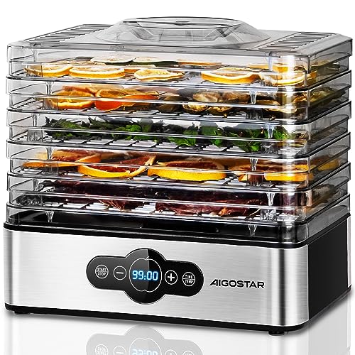 Aigostar Crispy - Dörrautomat, Dörrgerät mit Temperaturregler, 240W, 35-70°C, 99h-Timer, 5 Einlegefächer, Dörrautomat Edelstahl für Fleisch, Obst, Gemüse, Dehydrator - BPA frei von Aigostar