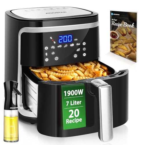 Aigostar Cube - Heißluftfritteuse 7L XXL, Airfryer 1900W, 7 Programmen, Warmhalten, 20 Rezepte, ohne Öl, für 6-10 Personen, Air Fryer mit Digitalem LED-Touchscreen, Schwarz von Aigostar