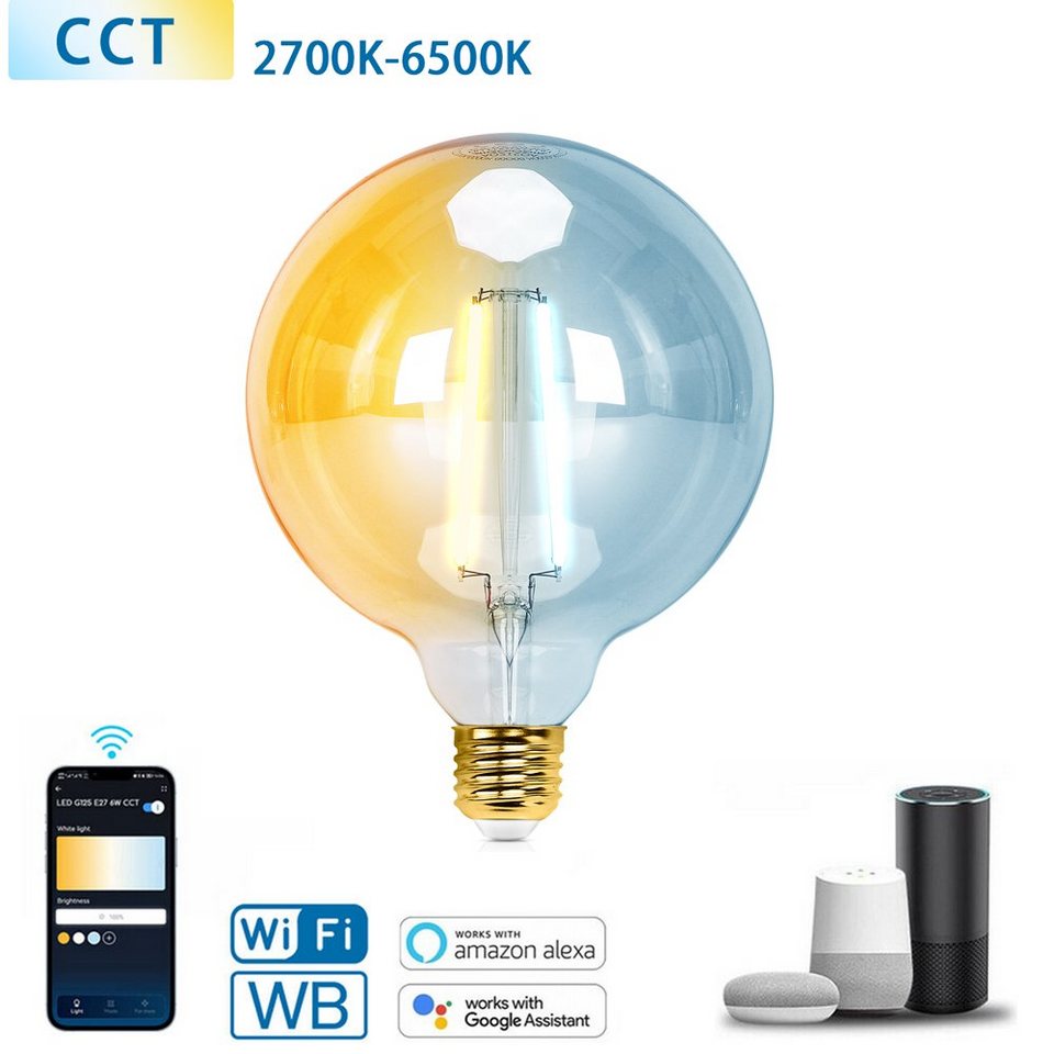 Aigostar LED-Leuchtmittel E27 LED CCT Smart Wi-Fi Filament Retro Vintage, CCT 2700-6500K, dimmbar, Maße: Ø 12,5 x 12,5 cm (BxH), G125, E27 von Aigostar