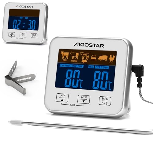 Aigostar Elliott - Fleischthermometer, Bratenthermometer, Digitales Küchenthermometer mit Zeitmesser für Smoker, LCD-Hinterleuchtung, Grillthermometer mit Alarmfunktion, schnelle und genaue Messungen. von Aigostar