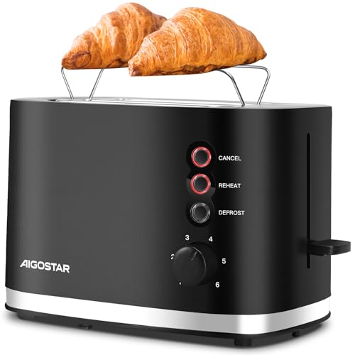 Aigostar Energy - Toaster 2 Scheiben mit Brötchenaufsatz, extra breite Toastschlitze & Brotzentrierung, 6 Bräunungsstufen, Abbruch-, Auftau- & Aufwärmfunktionen, Krümelschublade, 800W, Schwarz von Aigostar