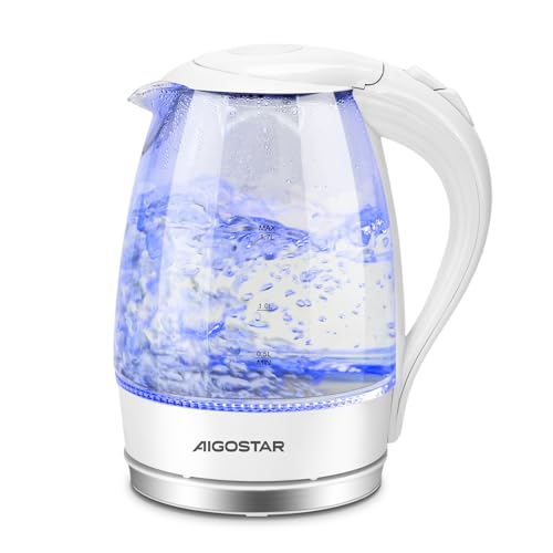 Aigostar Eve - Wasserkocher Glas 1,7 Liter Weiß, Glaswasserkocher LED Beleuchtung, Optimierte Ausgusstülle, Kalkfilter, 360° Basis, 2200 Watt, Abschaltautomatik Trockenschutz, Edelstahl Heizelement von Aigostar