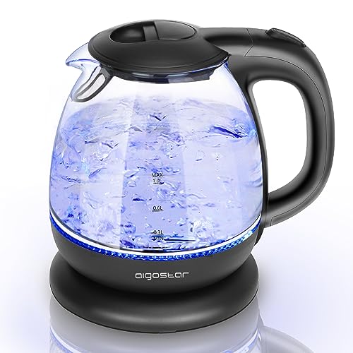 Aigostar Glas Wasserkocher, Kleiner wasserkocher glas mit led-beleuchtung, 1 Liter, 2200W, Schnellkochfunktion, Abschaltautomatik Trockenschutz, BPA frei, Schwarz.arz. von Aigostar