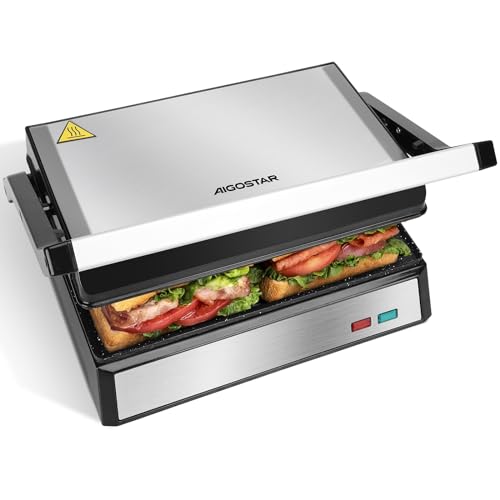 Aigostar Hett pro - Kontaktgrill für Sandwiches, Steak und als Panini Grill, Sandwichmaker mit Antihaftbeschichtung, 1500W Panini Grill mit Abnehmbare Ölsammelbox, 180º Öffnung. von Aigostar