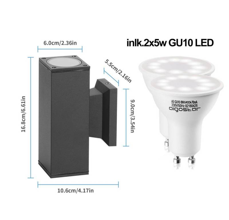 Aigostar Außen-Wandleuchte LED Wandleuchte Wandlampe Fassaden leuchte Eckig, schwarz, 2 Flammig, Kaltweiß 6000K, IP65 von Aigostar