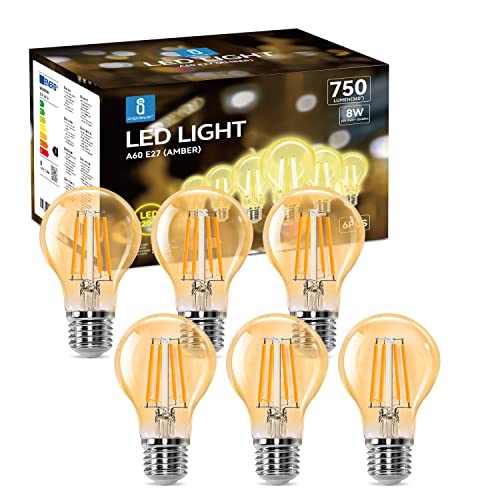 Aigostar LED E27 Vintage Glühbirne 8W (Ersetzt 57W), 750 Lumen, Warmweiss 2200K, Abstrahlwinkel 330°, A60 Edison Lampe Filament Retro Bernstein Flimmerfrei, CRI＞80, 6 Stück von Aigostar