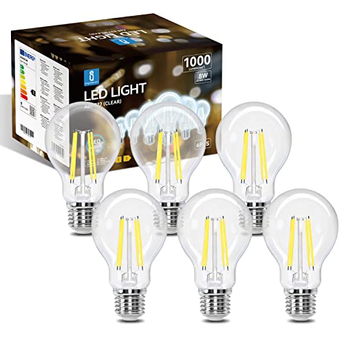 Aigostar LED E27 Vintage Glühbirne 8W (Ersetzt 72W), 1000 Lumen, Kaltweiß 6500K Abstrahlwinkel 330°, A60 Edison Lampe Filament Retro Transparent Flimmerfrei, CRI＞80, 6 Stück von Aigostar