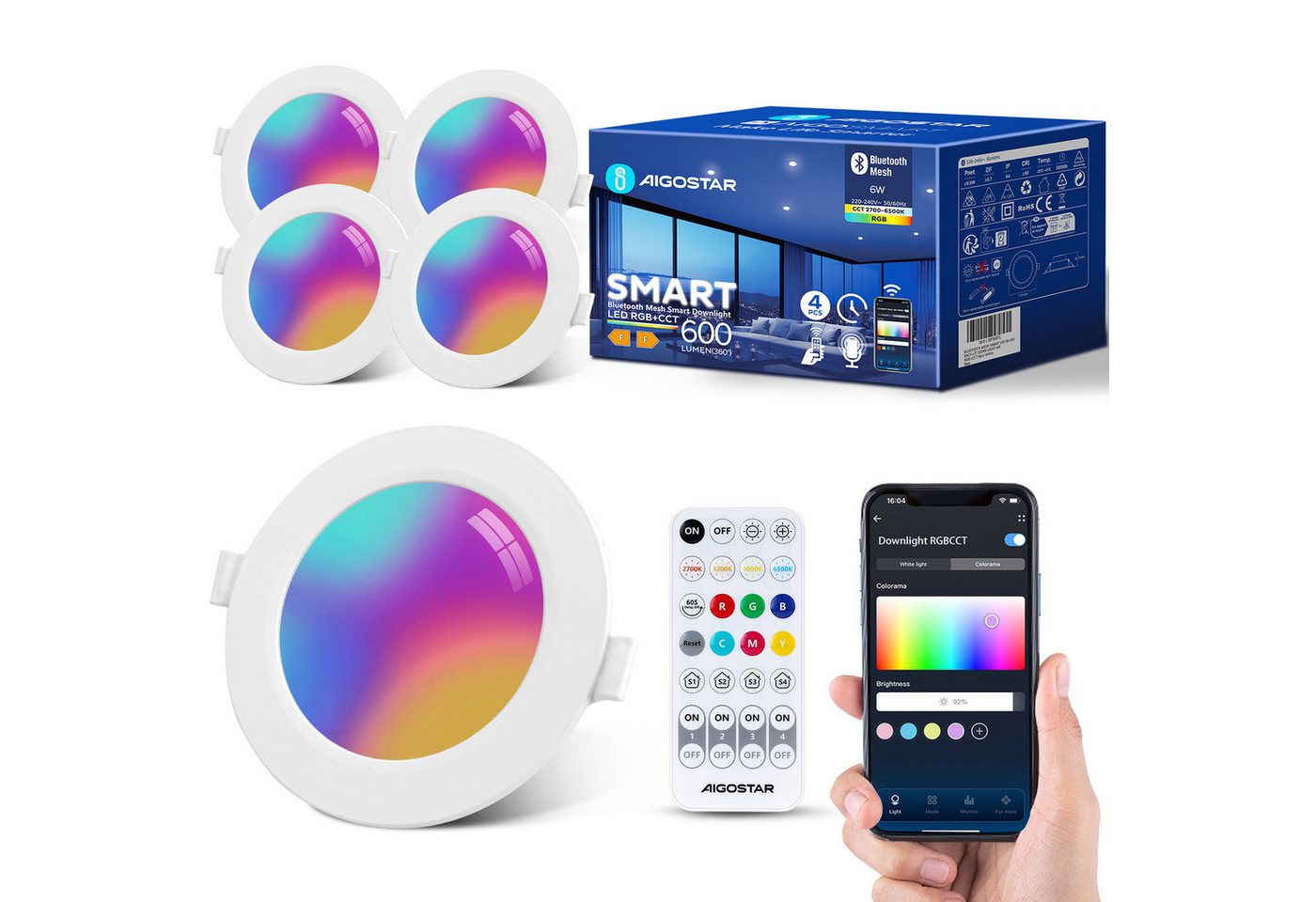 Aigostar LED Einbauleuchte Smart Decken Einbaulampe RGB+CCT Kompatibel mit Alexa Bluethooth Mesh, Ф100-110mm von Aigostar