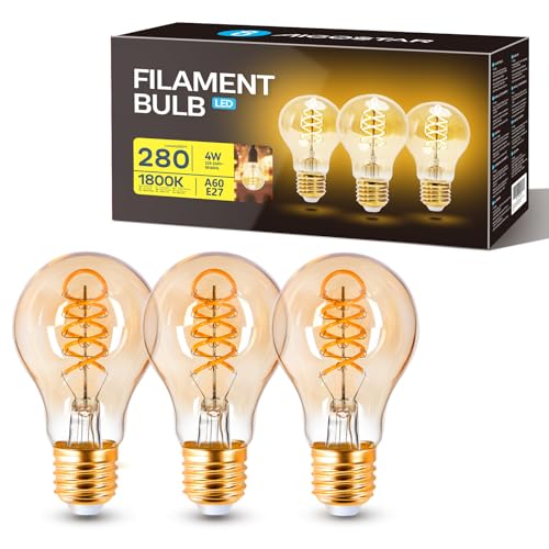 Aigostar - LED Glühbirne E27 4W, Modell A60, Warmweißes Licht 1800K, 280 Lumen, Vintage Glühbirne im Edison-Stil Mit Filament Und Bernsteinfarbenem Glas, Dekorative Glühbirne, Packung Mit 3 Stück von Aigostar