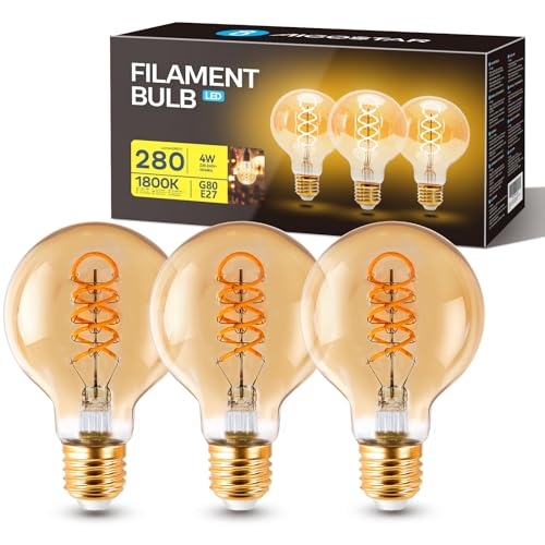 Aigostar - LED Glühbirne E27 4W, Modell G80, Warmweißes Licht 1800K, 280 Lumen, Vintage Glühbirne im Edison-Stil Mit Filament Und Bernsteinfarbenem Glas, Dekorative Glühbirne, Packung Mit 3 Stück von Aigostar