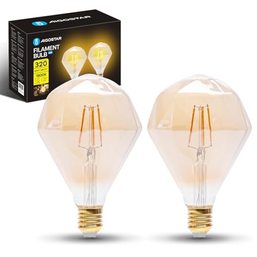 Aigostar LED Glühbirne E27 4W, Warmweißes Licht 1800K, 320 Lumen, Dekorativ Diamant, Vintage Glühbirne im Edison-Stil Mit Filament, Bernsteinfarben, Nicht Dimmbar, Packung Mit 2 Stück von Aigostar