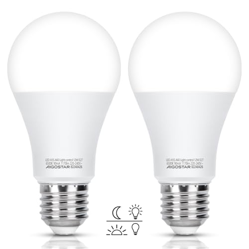 Aigostar LED Lampe E27 mit Tageslichtsensor, Lichtsensor Glühbirne 12W, Glühbirne mit Dämmerungssensor, Kaltweiss 6500K, 1170 Lm, Automatische On/Off LED Glühbirne für Korridor Garage Garten, 2 Stück von Aigostar