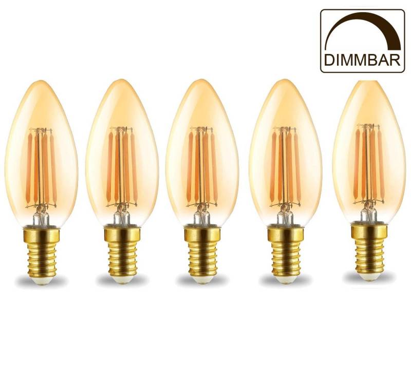 Aigostar LED-Leuchtmittel LED Leuchtmittel E14 Filament Kerze bernstein C35 4W dimmbar 400 Lumen, 5 St., Warmweiß, Dimmbare E14 LED Filament Leuchtmittel 5er Set von Aigostar