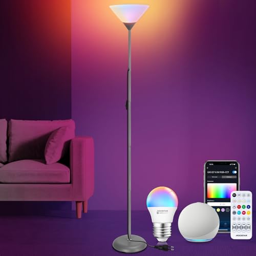 Aigostar LED Stehlampe Wohnzimmer, inkl Bluetooth Mesh G45 E27 6.5W Glühbirne und Fernbedienung, Ecklampe Tehlampe Dimmbar RGB & 2700K-6500K, Funktioniert mit Alexa, Standleuchte für Schlafzimmer von Aigostar