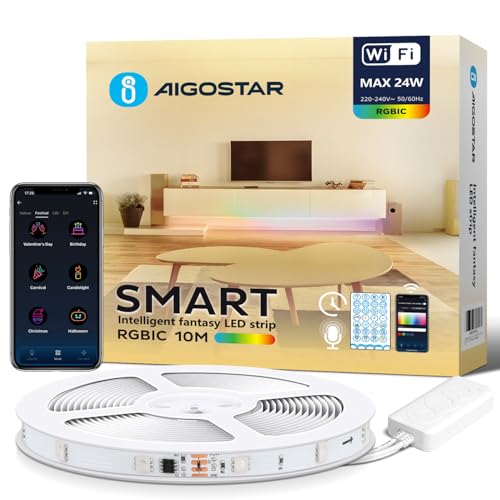 Aigostar LED Streifen Alexa, RGBIC, 10M(30LEDs/M), 24W, LED Lichtstreifen mit Segment Control, Musiksynchronisierung. Smart LED Strip für Farbe DIY, Zimmer, Party, Heimwerken, Heimdekoration, Gaming von Aigostar