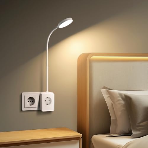 Aigostar LED Wandleuchte mit Stecker und Steckdose, Schlafzimmer Steckdosenlampe Touch-Dimmer, 3 Lichtfarben, Leselampe mitTyp C/USB Ladeanschluss, 360° flexibler Hals, Weiß von Aigostar