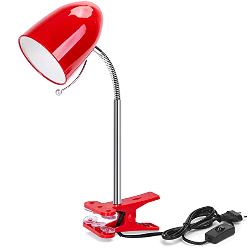 Aigostar Klemmlampe Retro， Schreibtischlampe Klemmbar， Ohne Glühbirne， Passend für E27 Modell LED Glühbirne， Flexibler Metallarm， 153cm Kabel mit Schalter， Leselampe Bett， Klemmleuchte， Rot von Aigostar