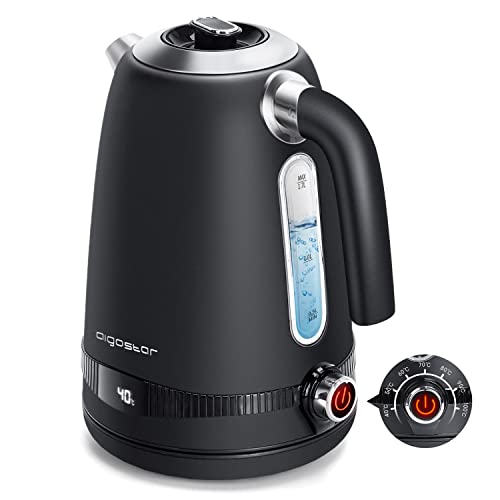 Aigostar Loki - Digitaler Edelstahl Wasserkocher mit Temperatureinstellung 40-100 Grad, Temperaturanzeige, Warmhaltefunktion, 1,7 Liter 2200W Electric Kettle Retro Teekocher, Schwarz von Aigostar