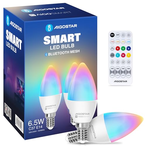 Aigostar Mesh - 6.5W C37 Alexa Glühbirne Bluetooth Mesh, Smarte Glühbirne Funktioniert mit Alexa, Smart Bulb E14 Kerze LED 555LM RGB & 2700K-6500K, 2 Stücke (mit Bluetooth-Fernbedienung) von Aigostar