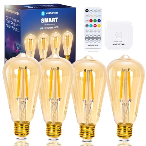Aigostar Mesh - Smarte Glühbirne Alexa E27 Bluetooth Mesh ST64, Lampe Vintage Edison Lampe 6W 806LM 2700K-6500K Dimmbar Glühbirne, Kompatibel mit Alexa, 4 Stück(mit Fernbedienung und Gateway) von Aigostar