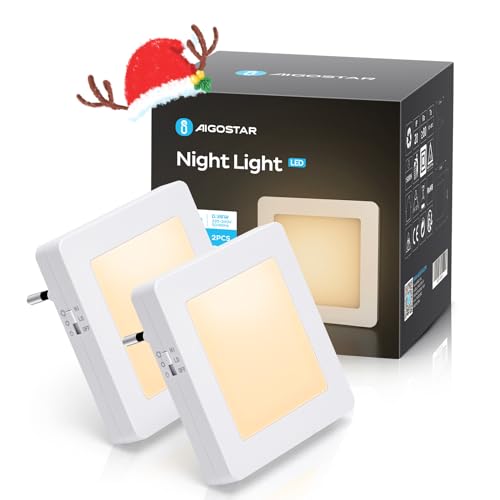 Aigostar 2 Stück Nachtlicht Steckdose mit Dämmerungssensor, 2 Helligkeit Einstellbar LED Nachtlicht Kinder, Nachtlampe Kinder für Kinderzimmer, Schlafzimmer, Treppe, Flur, Küche, WarmWeiß von Aigostar