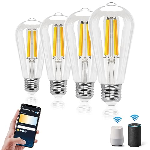 Aigostar Smart Lampe E27 Alexa Glühbirne 6W 850LM Edison Glühbirnen Dimmbare ST64 Retro Glühbirne Dimmbar 2700K-6500K, App Steuern Kompatibel mit Alexa und Google Assistant. Transparent 4 Stück von Aigostar