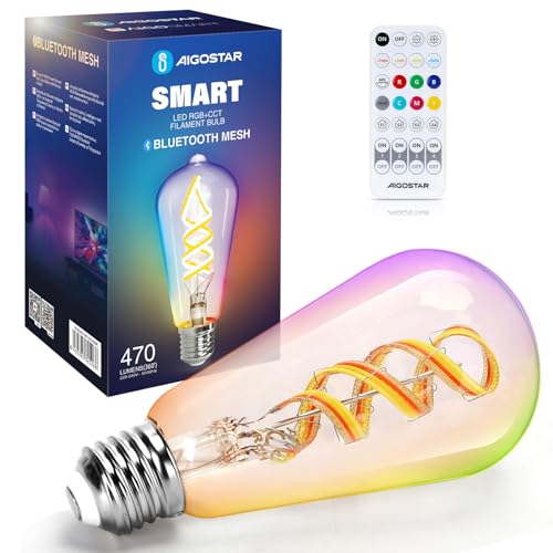 Aigostar Smarte Glühbirne Alexa E27 Bluetooth Mesh ST64, Alexa Lampe Vintage Edison Lampe 4.9W 470LM RGB & 2700K-6500K Dimmbar Glühbirne, Kompatibel mit Alexa, 1 Stück(mit Bluetooth-Fernbedienung) von Aigostar