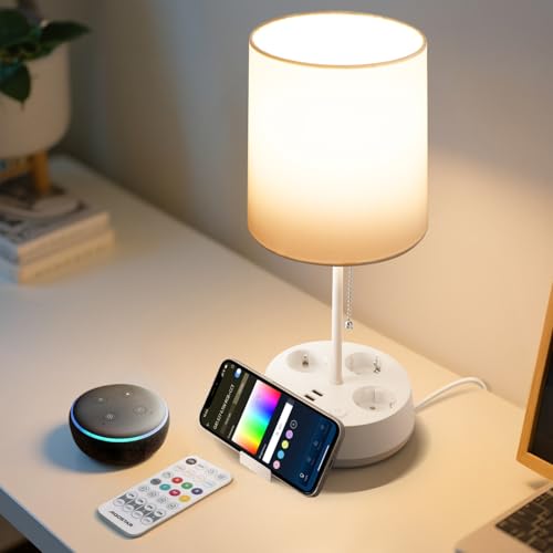 Aigostar- Smarte Tischlampe LED Kompatibel mit Alexa, Bedside Lamp Modern, 2700K-6500K und RGB Dimmbar, mit 3 Steckdosen (Type F), 3 Schnellladeanschlüsse, Fernbedienung und Handyhalterung, Weiß von Aigostar