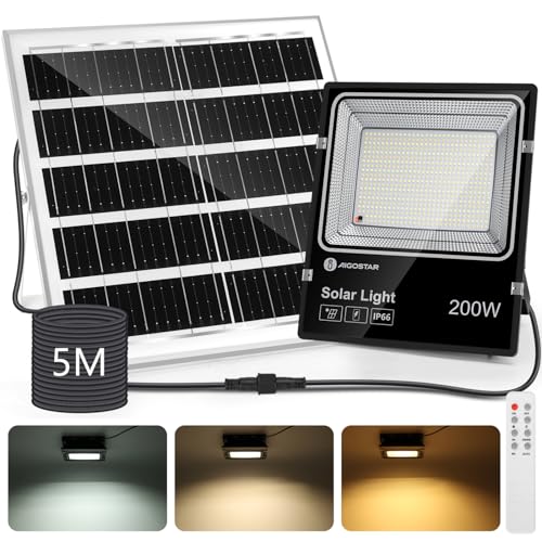 Aigostar-Solar LED Strahler Außen mit Große Solarpanel,5 m Kabel,Dimmbar 3000K/4500K/6500K,16000mAH,Große Batteriekapazitä,IP66,Solarlampen für Außen Gärten,Solarleuchte mit Fernbedienung von Aigostar