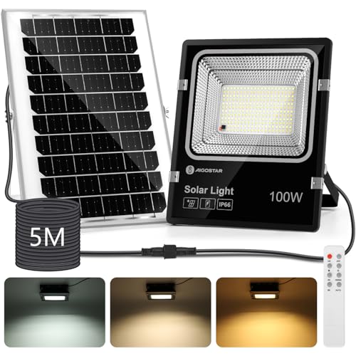 Aigostar-Solar LED Strahler Außen mit Große Solarpanel,5 m Kabel,Dimmbar 3000K/4500K/6500K,8000mAH,Große Batteriekapazitä,IP66,Solarlampen für Außen Gärten,Solarleuchte mit Fernbedienung von Aigostar