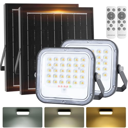 Aigostar Solar LED Strahler Außen mit Großer Solarpanel，2 Stück，Dimmbar 3000K/4500K/6500K，4000mAH，Großer Batteriekapazität，Solarlampen für Außen mit Fernbedienung，IP66 Wasserfest Garten Solarleuchten von Aigostar