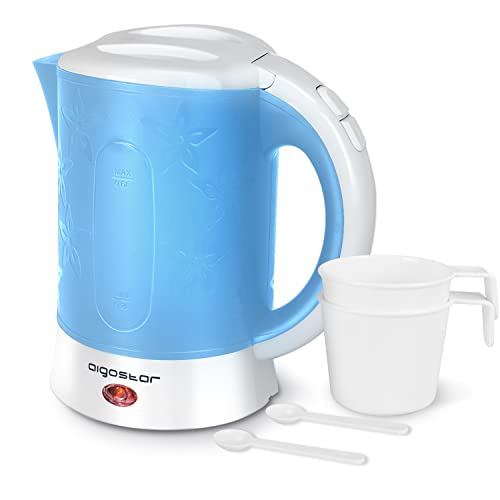 Aigostar Walking Drip - Kleiner Wasserkocher 0,6 Liter Mini Kettle, BPA-Frei, Kompakt Reisewasserkocher Set, Inklusive 2 Tassen und 2 Teelöffel, Leicht, Teekocher mit Kalkfilter, Weiß Blau von Aigostar