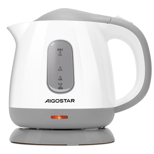 Aigostar Juliet- Wasserkocher Klein 1 Liter, 1100W, Niedriger Stromverbrauch, BPA-Frei, Mini Wasserkocher für Schlafzimmer, Reisen, Camping, Büro, Kompakt & Leicht, Abnehmbarer Filter, Weiß Grau von Aigostar