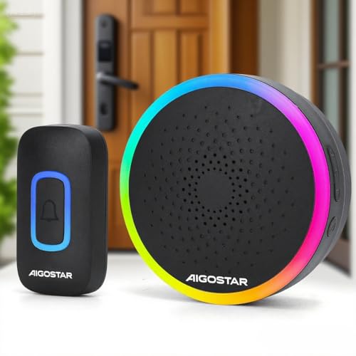 Aigostar funkklingel mit RGB Licht, türklingel funk IP55 Wasserdicht Außen Haustürklingel Set, 5 Lautstärkestufen, 60 Melodien, 150m Reichweite, 1 Klingeltaster & 1 Empfänger, Schwarz von Aigostar