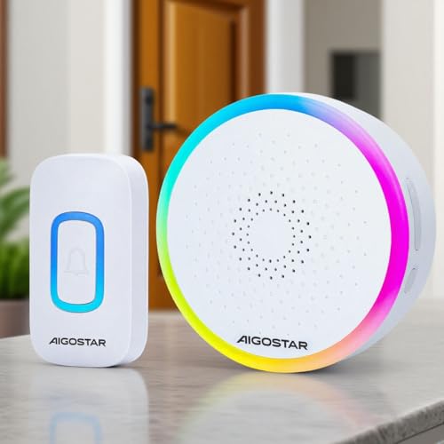 Aigostar funkklingel mit RGB Licht, türklingel funk IP55 Wasserdicht Außen Haustürklingel Set, 5 Lautstärkestufen, 60 Melodien, 150m Reichweite, 1 Klingeltaster & 1 Empfänger, Weiß von Aigostar