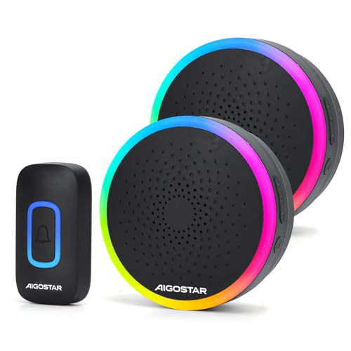 Aigostar funkklingel mit RGB Licht, türklingel funk IP55 Wasserdicht Außen Haustürklingel Set, 5 Lautstärkestufen, 60 Melodien, 150m Reichweite, 1 Klingeltaster & 2 Empfänger, Schwarz von Aigostar