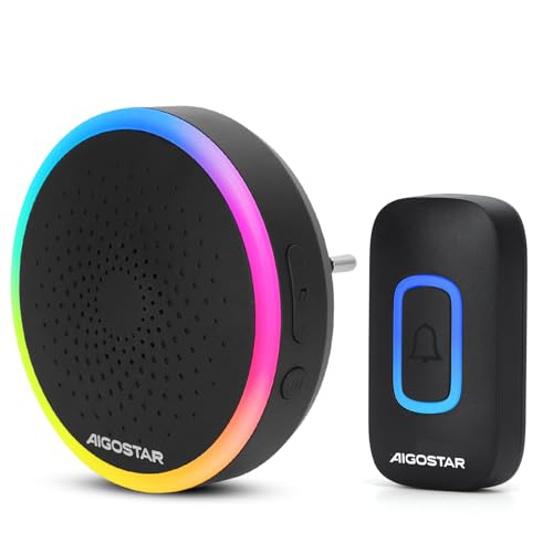 Aigostar funkklingel mit RGB Licht, türklingel funk IP55 Wasserdicht Außen Haustürklingel Set, 5 Lautstärkestufen, 60 Melodien, 150m Reichweite, Plug-in, 1 Klingeltaster & 1 Empfänger, Schwarz von Aigostar