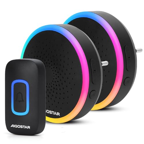 Aigostar funkklingel mit RGB Licht, türklingel funk IP55 Wasserdicht Außen Haustürklingel Set, 5 Lautstärkestufen, 60 Melodien, 150m Reichweite, Plug-in, 1 Klingeltaster & 2 Empfänger, Schwarz von Aigostar